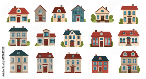 Diverse collection of charming and classic European-style houses and residential buildings showcasing various architectural designs and colors.