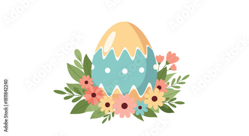Beautifully decorated Easter egg illustration surrounded by a cheerful wreath of colorful spring flowers perfect for holiday designs.