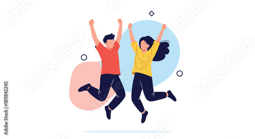 Joyful young couple jumping high in the air with excitement and happiness symbolizing freedom celebration and success.