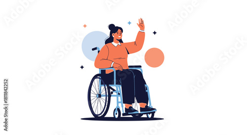 Cheerful young woman in a wheelchair happily waving her hand against a colorful abstract background symbolizing positive self-expression.