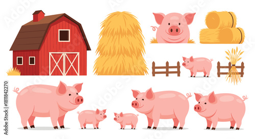 Charming collection of farm elements featuring happy pigs a red barn hay bales and fences perfect for rural life designs.