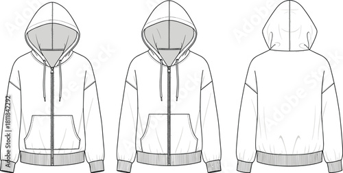 Hooded sweatshirt technical sketch, fashion illustration, front and back view, zip-up hoodie design, garment construction, apparel template, vector drawing