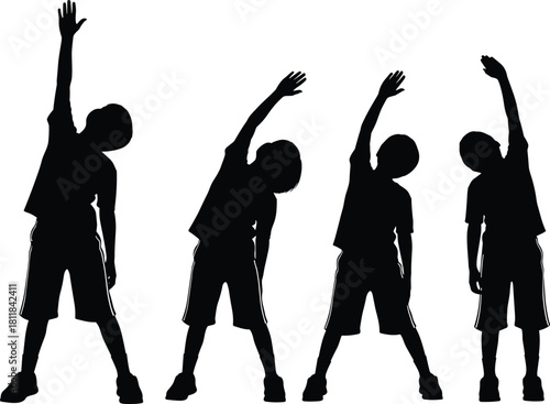 Black Silhouette Child Stretching Exercise Vector Set: Kids Warm-up, Fitness, Flexibility, Physical Education, and Healthy Active Lifestyle Graphics