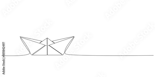 One line art drawing of a paper boat at sea. Origami boat concept for successful business leadership.vector illustration eps 10