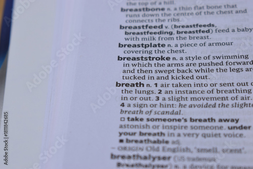 Definition Of English Dictionary Close Up Of Page With Word -  breaststroke