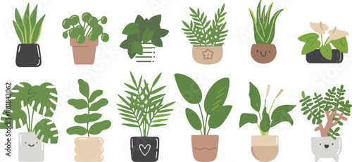 Collection of indoor potted plants illustration, modern flat design houseplants, decorative green leaves, home decor vector art, cad drawing flat vector illustration