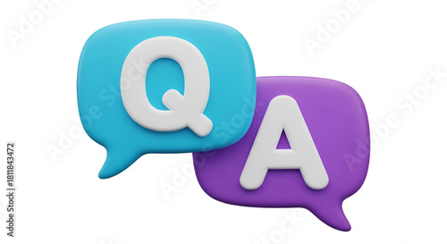 Cyan and purple speech bubbles with Q and A letters on transparent background