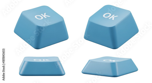 Four Blue OK Keyboard Keys in Different Angles Keywords: OK, okay, button, key, keyboard
