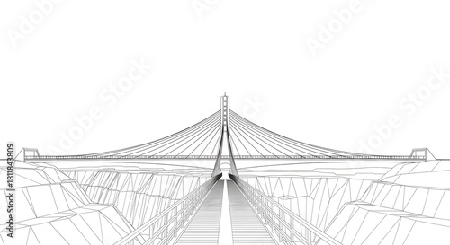 Fototapeta Naklejka Na Ścianę i Meble -  Wireframe rendering of a modern cable-stayed bridge with a detailed architectural structure and abstract landscape.