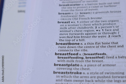 English Dictionary Page Close Up With The Word Meaning Of -breastbone