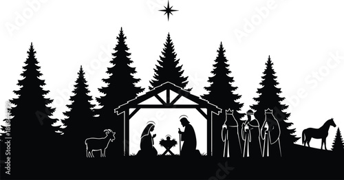 Christmas nativity scene silhouette with holy family three wise men and animals in forest cad drawing flat vector illustration