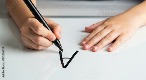 Child learns to write the letter A with a thick black marker on a white surface closeup