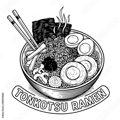 A detailed black and white illustration of a steaming bowl of Japanese Tonkotsu ramen with various toppings.