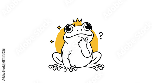 Cute cartoon frog prince wearing a crown looking up thoughtfully with a question mark against a simple yellow circle background.