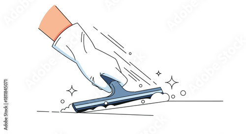 Hand in a white protective glove cleaning a surface with a squeegee leaving a sparkling clean trail in a dynamic line art style.