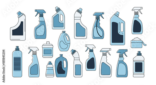 A large collection of various household cleaning product containers and bottles in a simple blue line art style illustration.