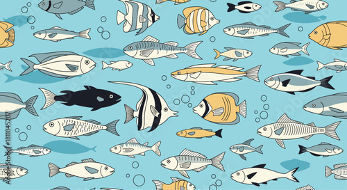 Seamless underwater pattern with a diverse school of fish in cool tones of blue and grey swimming in different directions.