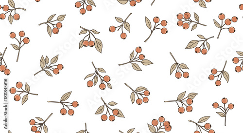 Seamless autumn pattern of delicate branches with small orange berries and muted green leaves scattered on a white background.