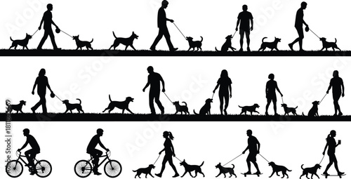 Collection of People and Dog Silhouettes Walking, Cycling, and Skating Together in Park, Representing Pet Ownership, Exercise, and Outdoor Recreation, Vector Graphic