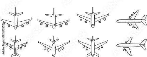 Airplane front view, top view, side view, aircraft outline drawing, jet transport illustration, aviation concept design, cad drawing flat vector illustration