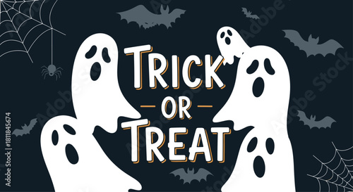 Spooky Halloween banner with 'Trick or Treat' lettering surrounded by cute cartoon ghosts bats and webs on a dark background.