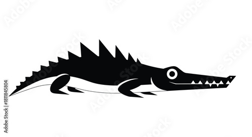 Stylized black silhouette of a crocodile or alligator with sharp teeth and a spiky back in a simple and bold graphic style.