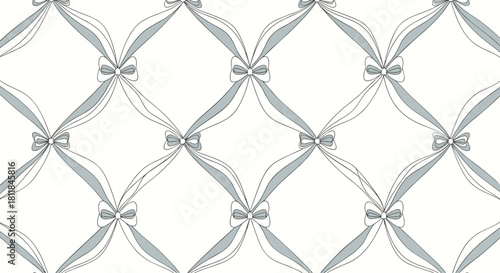 Elegant seamless lattice pattern created with intertwined ribbons and delicate bows in a sophisticated grey-blue and white palette.