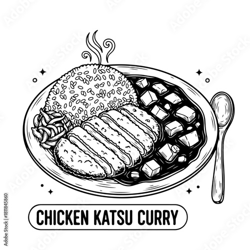 A hand-drawn black and white illustration of a steaming plate of Japanese chicken katsu curry with rice and pickles.