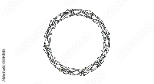Minimalist circular wreath frame made of delicate intertwined black lines and decorated with small colorful dots for text.