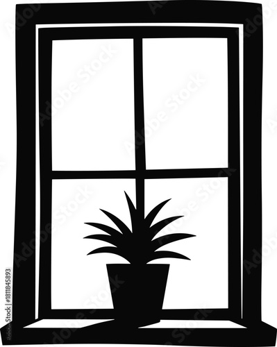 Black window frame with potted plant silhouette, minimal home decor design, modern interior decoration art, cad drawing flat vector illustration