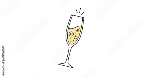 Simple and celebratory line art illustration of a tilted champagne flute with golden sparkling wine and bubbles for a toast.