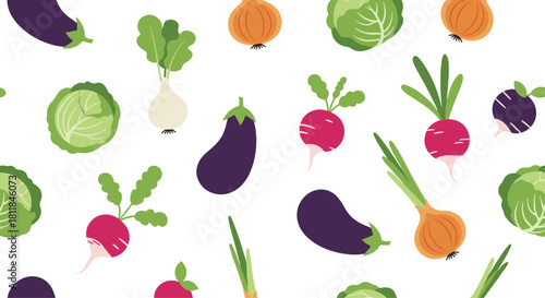 Seamless pattern of fresh and healthy farm vegetables including eggplant cabbage radish and onion on a clean white background.
