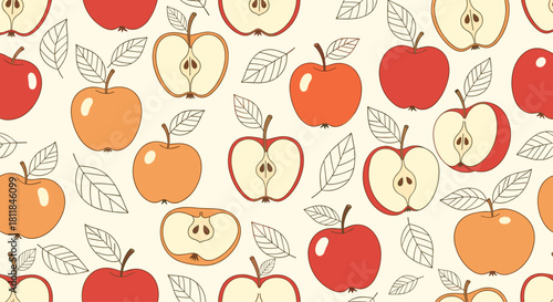 Seamless autumn fruit pattern with red and orange apples whole and halved with leaves on a light cream-colored background.