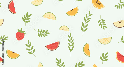 A fresh and healthy seamless summer pattern with various fruit slices like watermelon and kiwi with green leaves on a background.