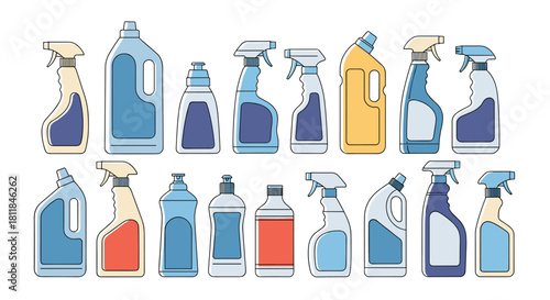 Large set of household cleaning supply containers and spray bottles in a simple and colorful line art vector illustration style.