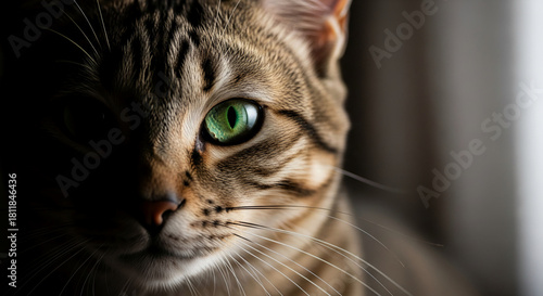 Close-up of a cat face with brown fur and green eye, half in shadow, creating a mysterious and focused look, representing observation, domesticity