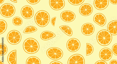 A refreshing and vibrant seamless pattern of fresh orange fruit slices in various sizes on a bright light yellow background.