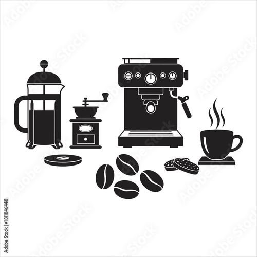 set of coffee beans and cup