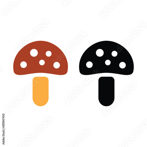 Set of two mushroom icons, one colored and one black outline, isolated on white background