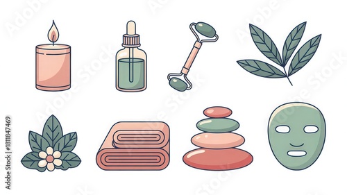 Spa and Wellness Icons Set – Aromatherapy Candle, Essential Oils, Jade Roller, Herbal Leaves, Towels, Zen Stones, Facial Mask – Self Care and Relaxation Illustration