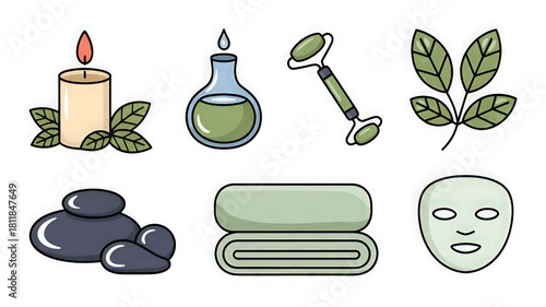 Spa and Wellness Icons – Aromatherapy Candle, Essential Oils, Jade Roller, Massage Stones, Herbal Leaves, Towel, and Face Mask Illustration