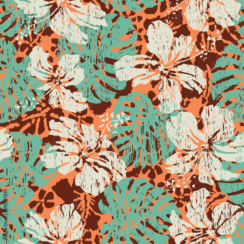 Tropical plants flowers leaves patchwork wallpaper vintage vector seamless pattern for summer beach wear towel swimsuit pareo shirt pillow