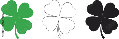 Green black and outline four leaf clover symbols on white background shamrock luck