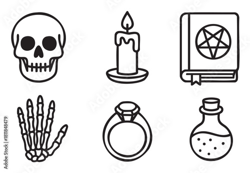 Mystical and occult icon set in a simple black line art style, featuring a skull, skeleton hand, spell book with pentagram, potion, candle, and ring