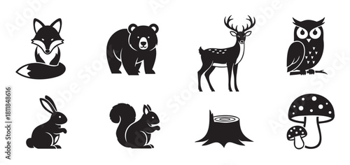 Collection of minimalist black silhouette icons depicting woodland creatures and forest elements such as a fox, bear, deer, owl, rabbit, squirrel, stump, and mushroom