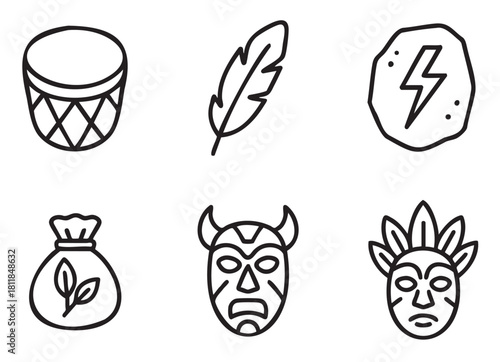 Set of six black line art icons representing tribal culture and shamanism, featuring ceremonial masks, a drum, a feather, a power rune, and an herb pouch