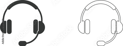 Two headset icons one solid black one outline on white headphones microphone