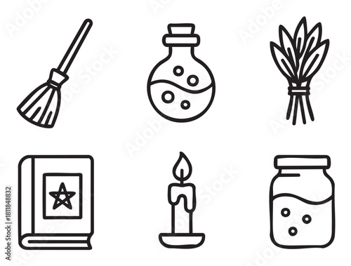 Minimalist line art icon set of witchcraft and magical elements, featuring a broomstick, potion bottle, spellbook, candle, herb bundle, and jar