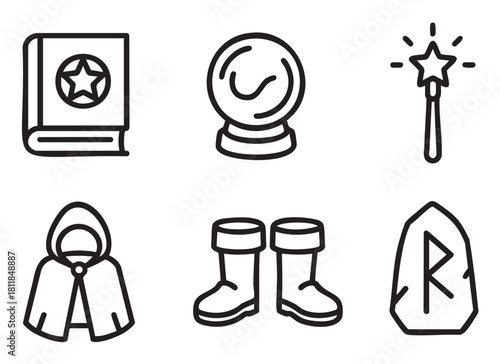 Set of six black line art icons representing magic and fantasy themes, including a spell book, crystal ball, wand, cloak, boots, and a runestone