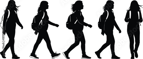 Five black silhouettes of women walking with backpacks on white background woman person